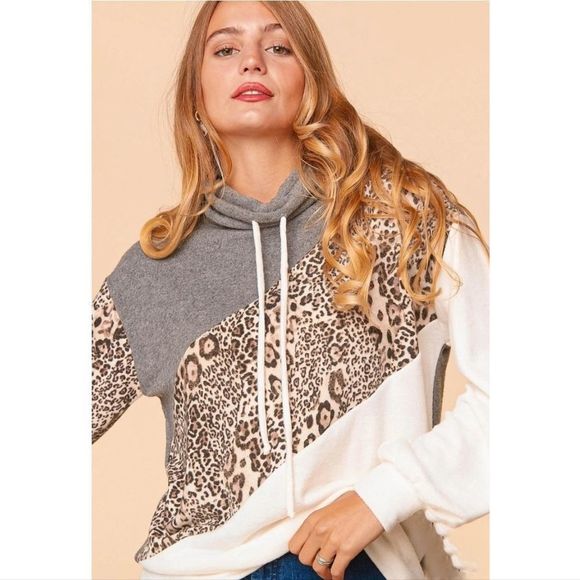 Charcoal Mocha And Ivory Animal Print Asymmetrical Pullover Top - Picture 1 of 4